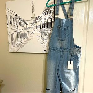 Denim overalls NWT - fashion ripped knees, cross cross back strap